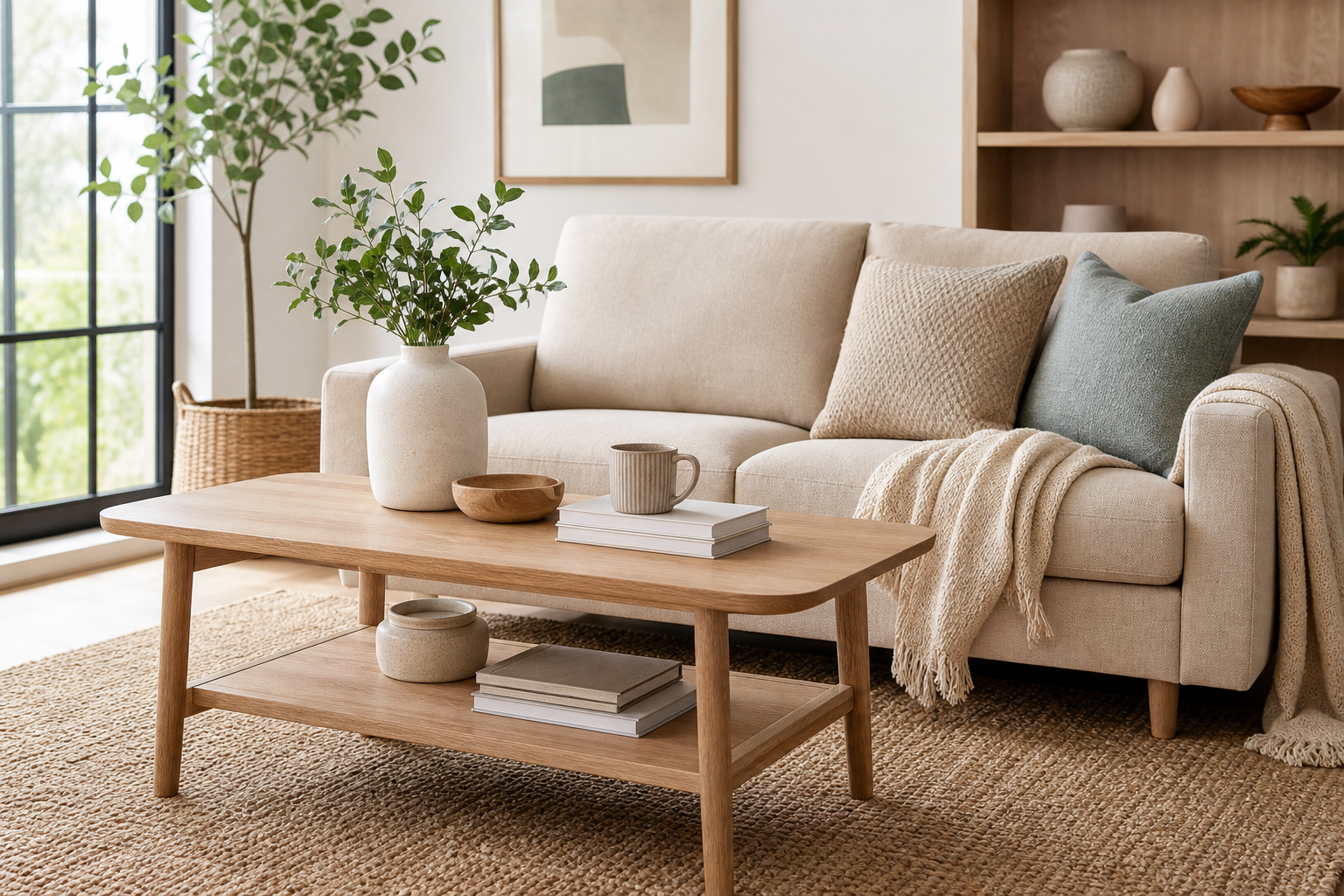 Modern living room with neutral sofa, wooden coffee table, woven decor, and bright natural light