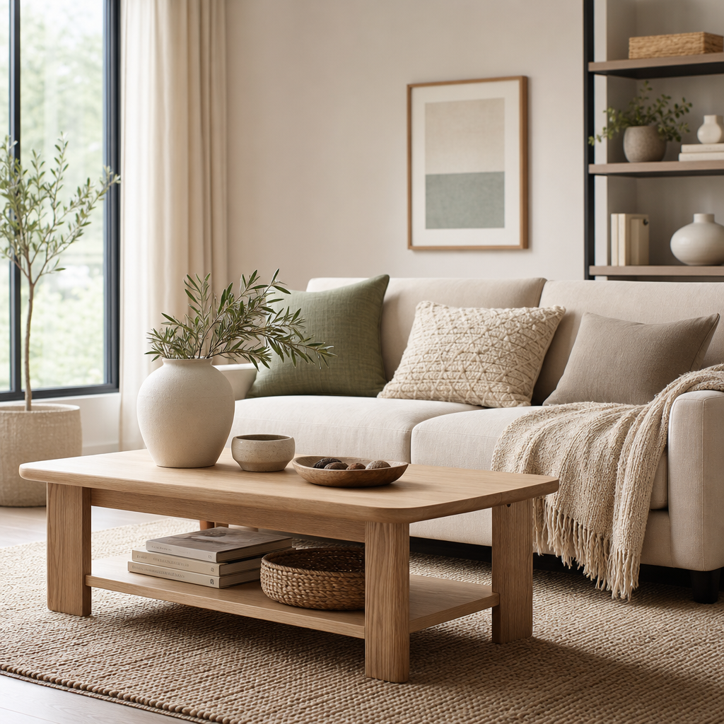 Styled living room with a neutral sofa, wooden coffee table, and soft natural light