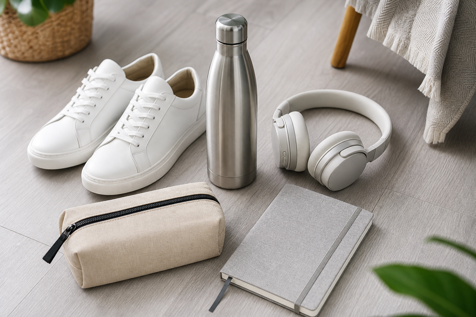 Active everyday lifestyle scene with reusable water bottle, sneakers, notebook, and headphones