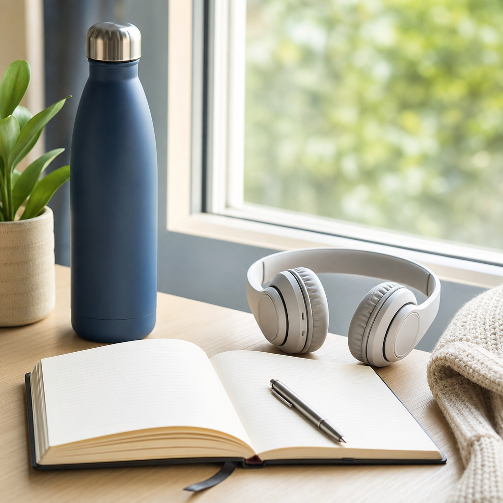 Cozy lifestyle setup with reusable water bottle, journal, and headphones near a window