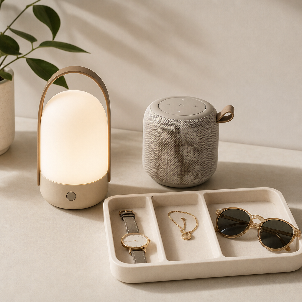 Curated trending products including portable lamp, mini speaker, and stylish organizer tray
