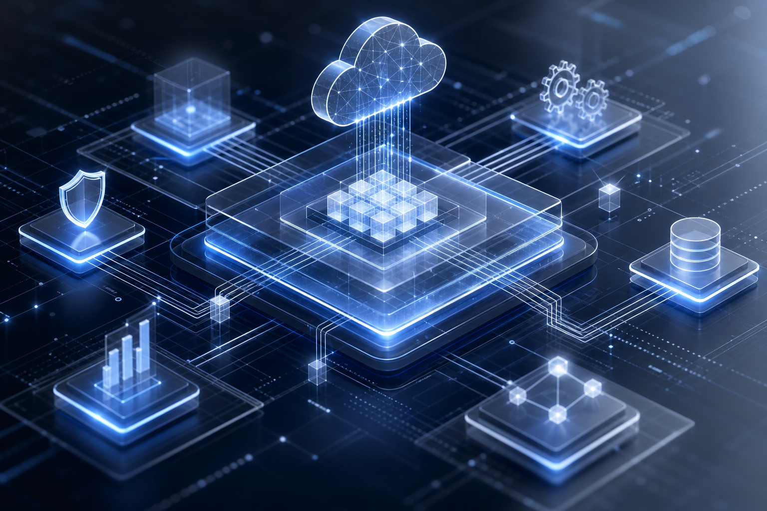 Abstract enterprise architecture visualization with layered circuit grids, translucent data pathways, and interconnected cloud nodes