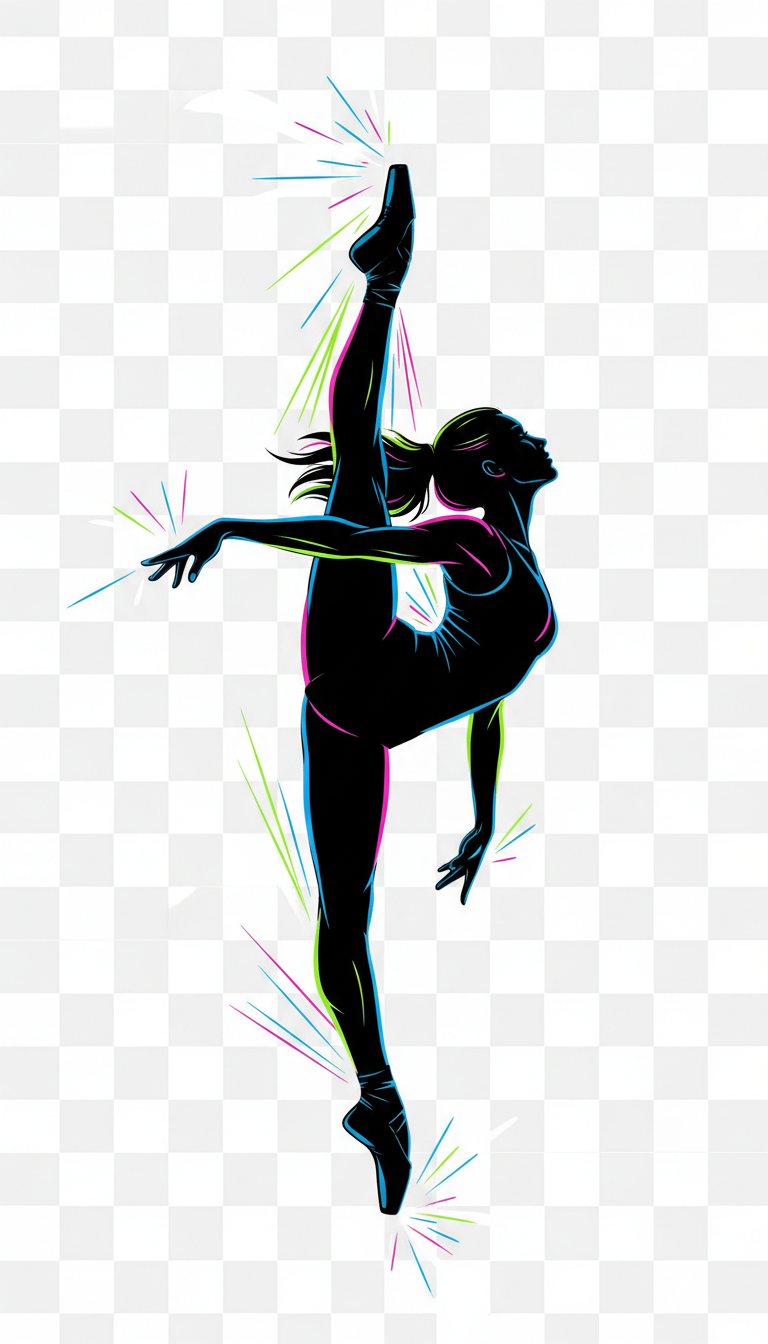 Stylized ballerina in mid-pirouette kick