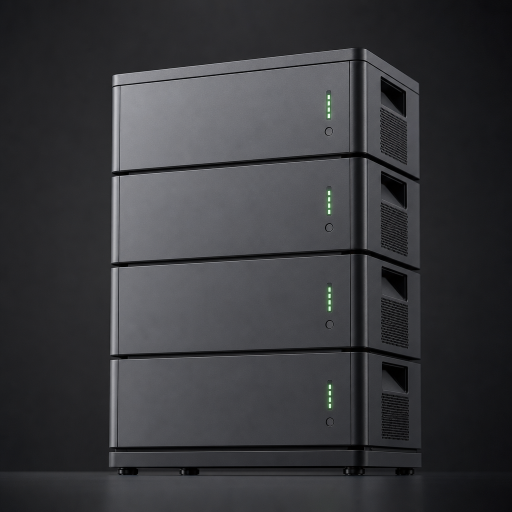 Stacked home energy battery units in matte graphite with subtle green status lights
