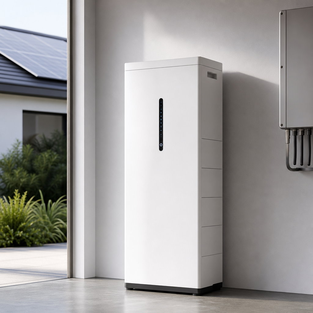 Tall white home energy battery unit with subtle illuminated status strip