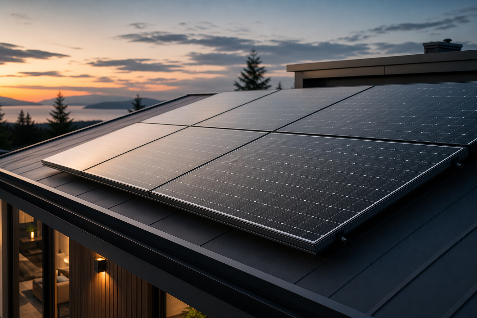 Premium solar panel array with sleek black cells and brushed metal frame on a modern rooftop at dusk