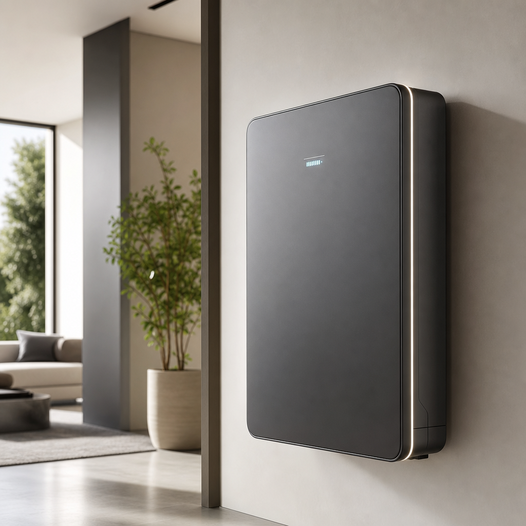 Sleek indoor solar battery with a matte graphite finish, soft edge lighting, and a minimalist wall mount in a modern home setting
