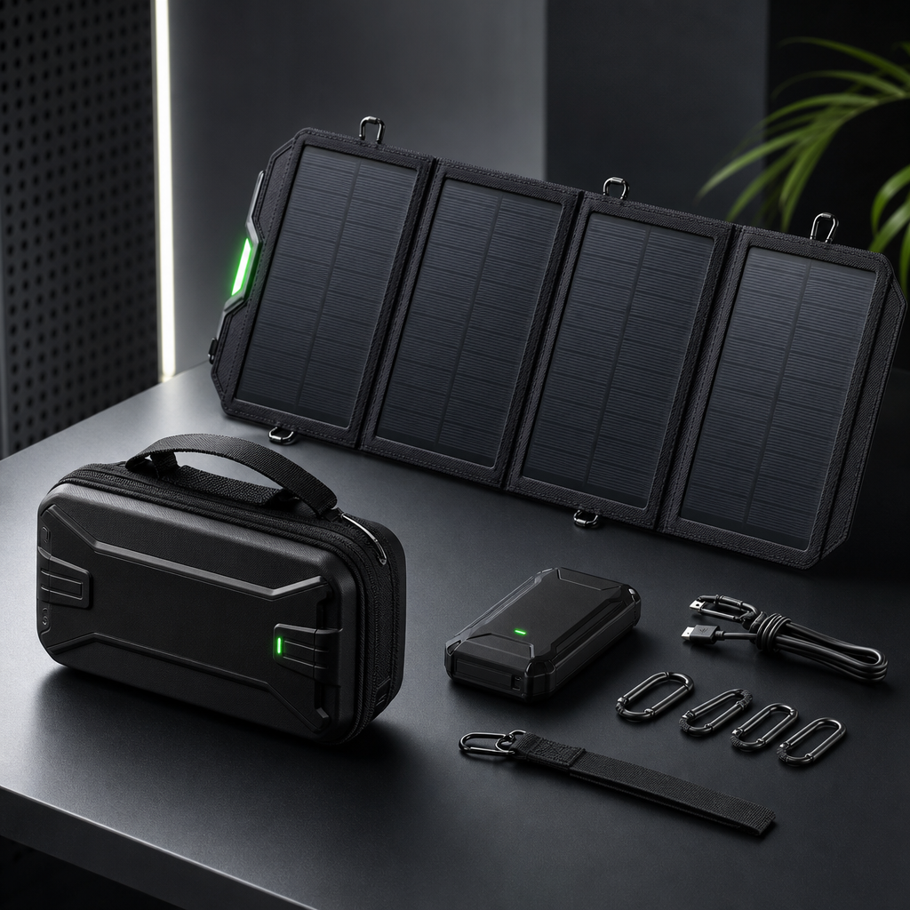 Compact solar charger kit with folded panels and a rugged carry case