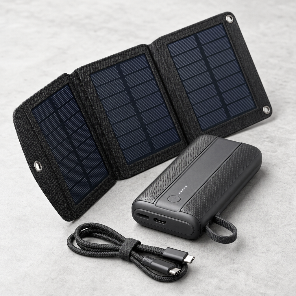 Compact graphite solar charger with folded panels and braided cable