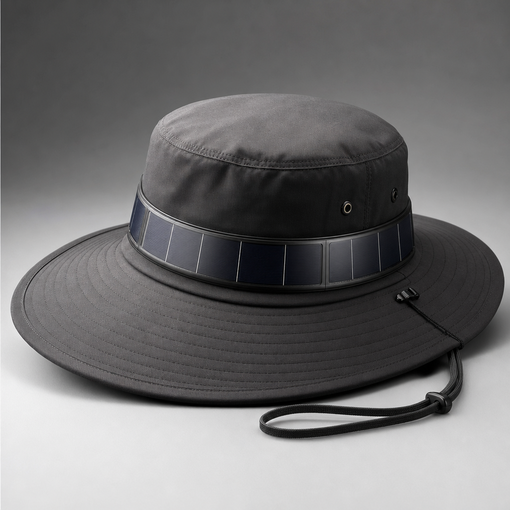 Minimalist charcoal solar-powered sun hat with slim flexible panel band