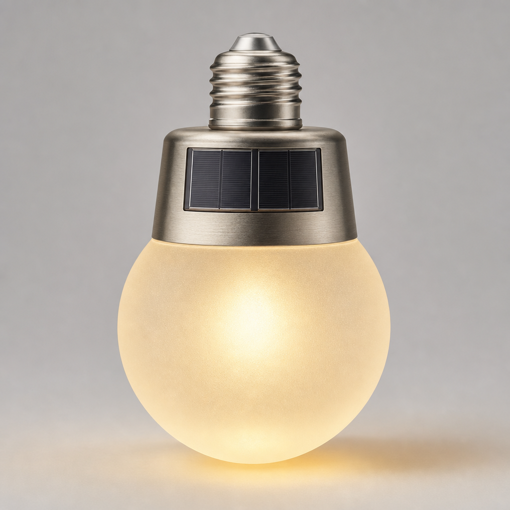 Frosted glass solar light bulb with brushed metal base and warm glow