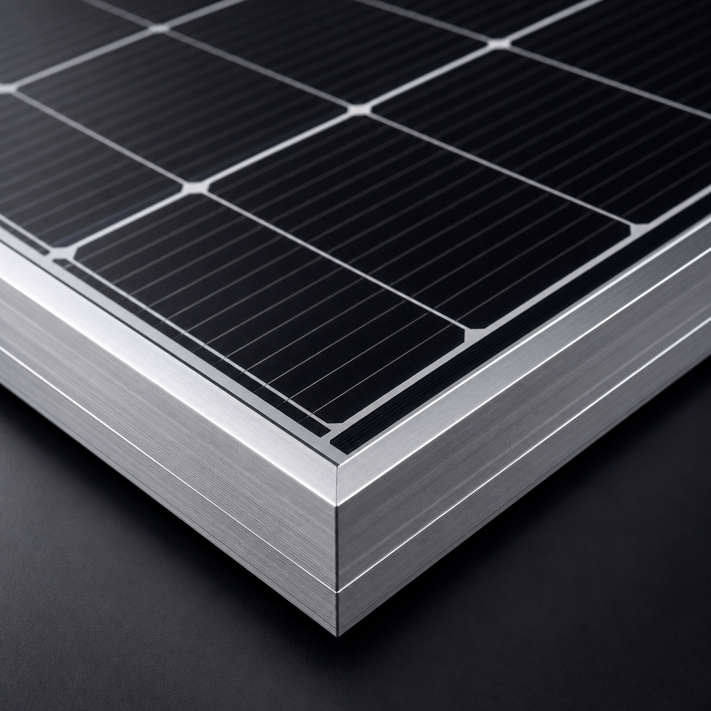 Close-up of a premium solar panel with deep black cells, precision aluminum framing, and subtle brushed metal texture