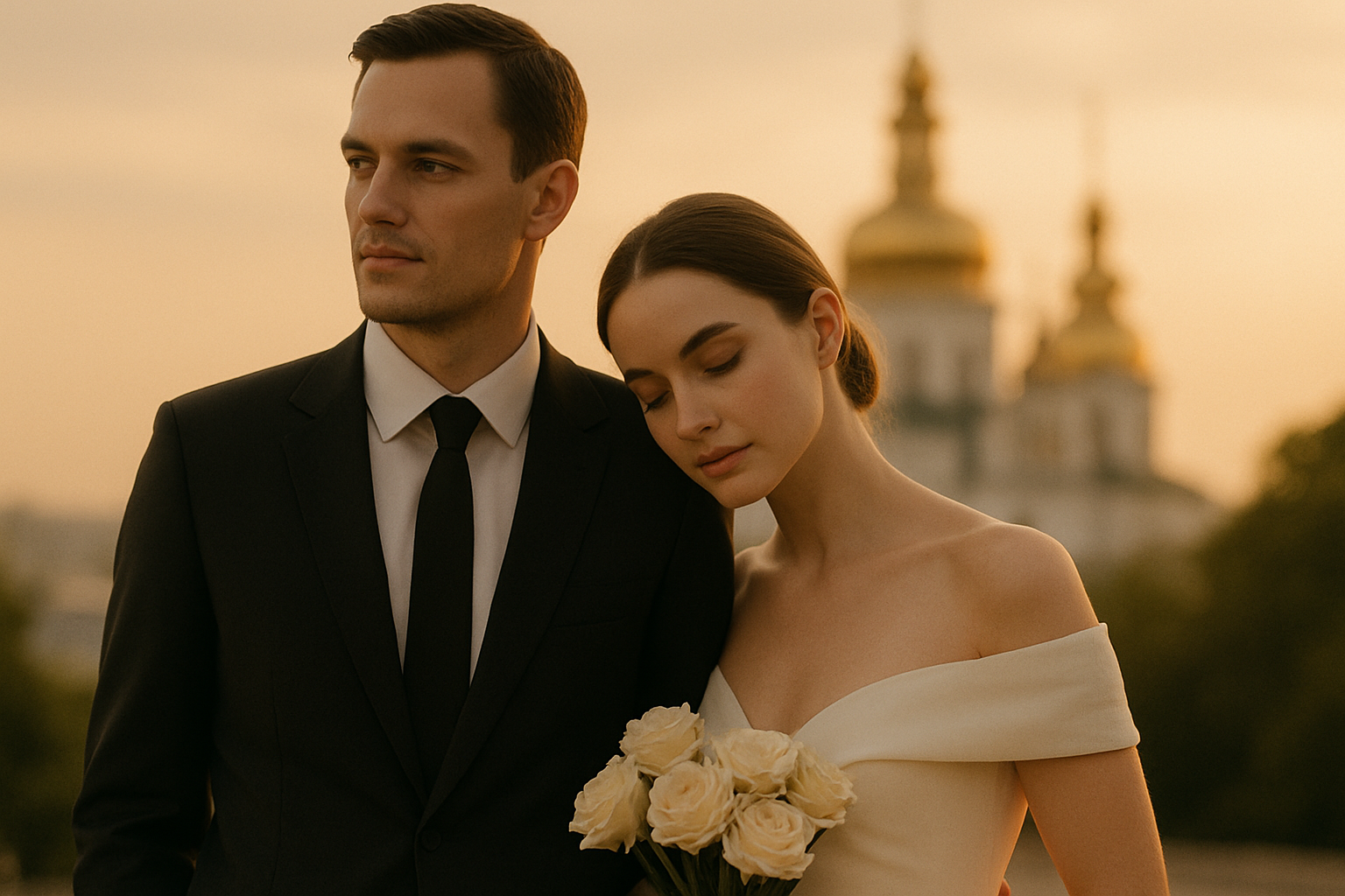 Cinematic wedding portrait of a couple in Kyiv at golden hour, soft warm light, elegant styling