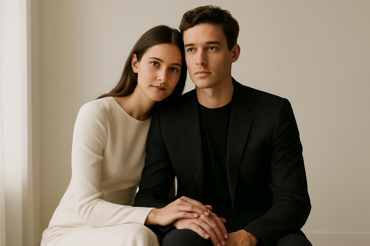 Elegant couple in minimalist studio with soft window light and muted tones, intimate editorial portrait