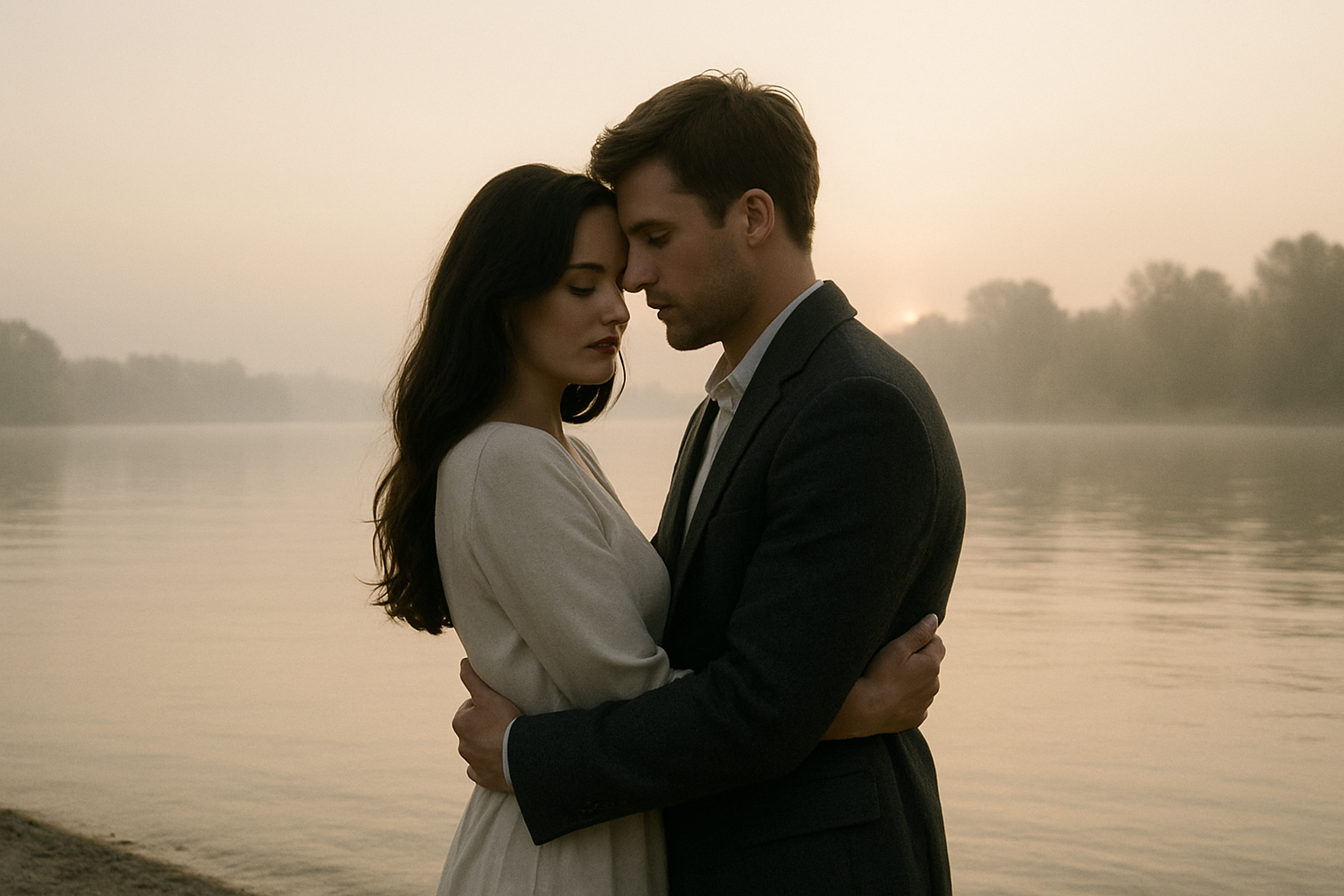 Couple embracing by the Dnipro river at sunrise, soft mist and pale sky