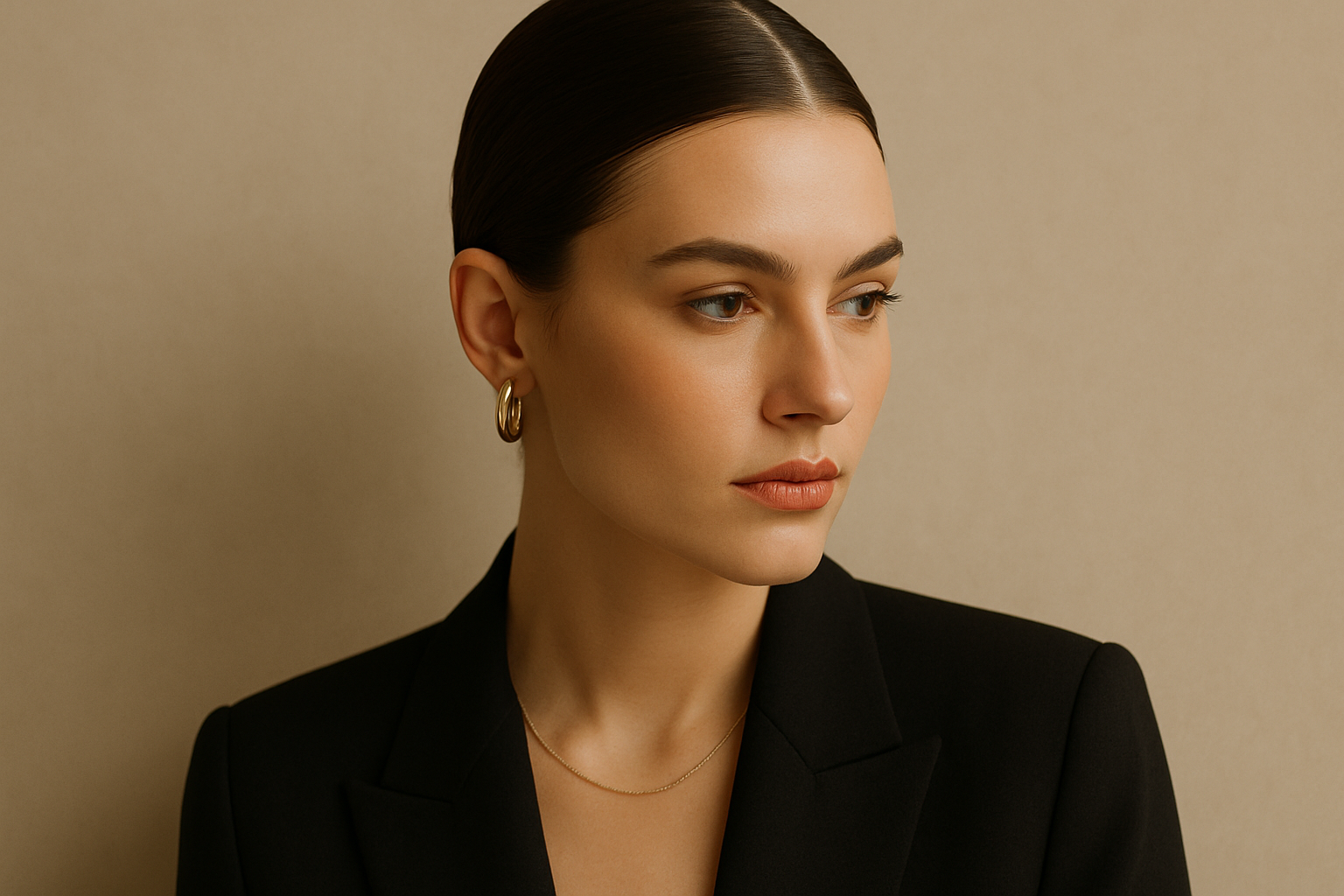 Close portrait of a woman with sleek hair, soft shadows, and minimalist jewelry