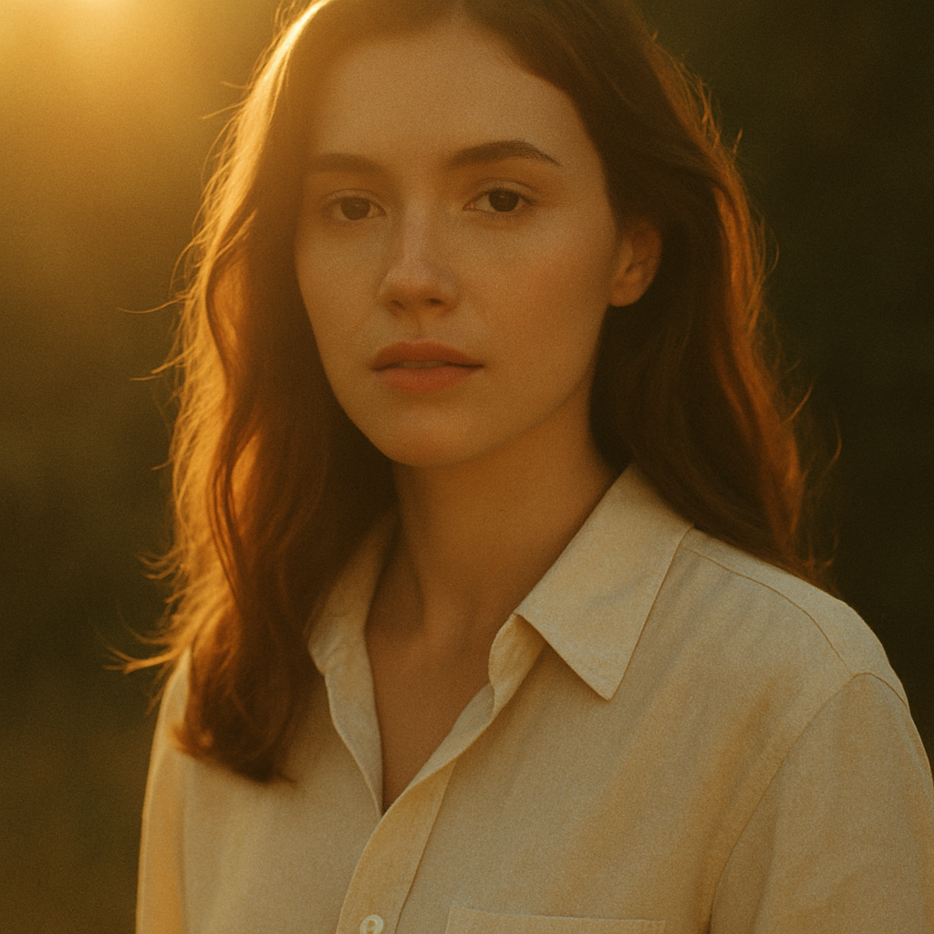 Golden hour film portrait with soft sun flare and grain, subject wearing linen shirt