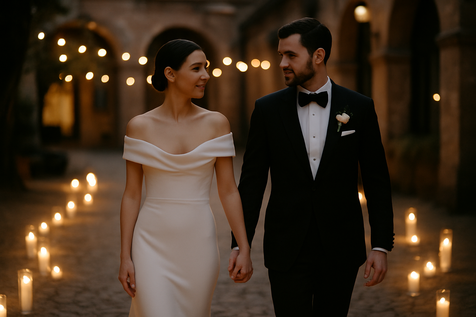 Bride and groom walking hand in hand through a candlelit Kyiv courtyard at dusk, cinematic warm glow