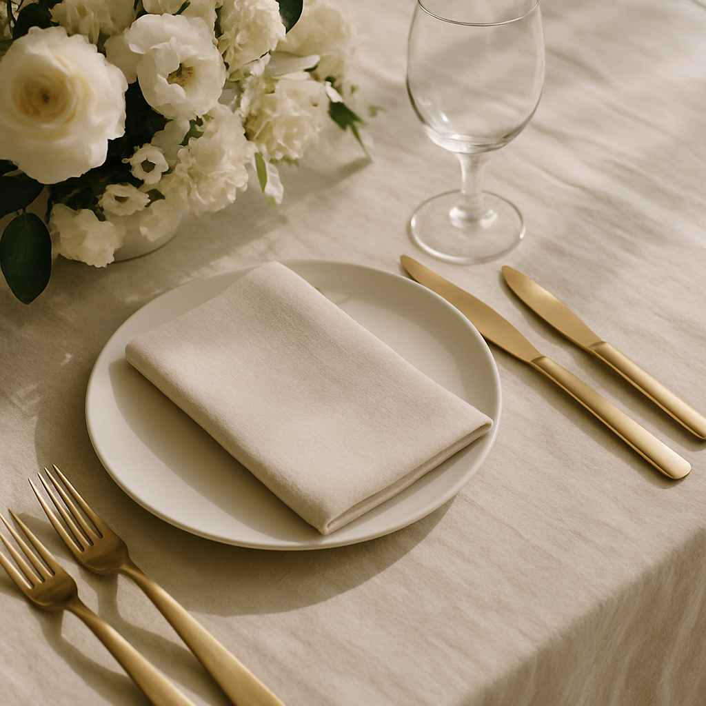 Wedding reception table with muted gold cutlery, white florals, and linen textures