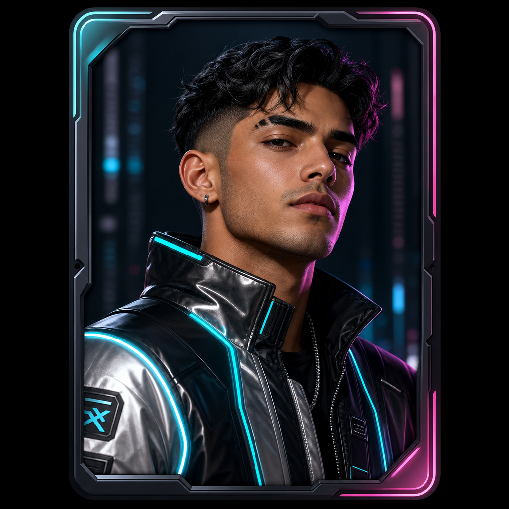 Stylized cyber-fashion Dude portrait with neon trim and confident expression