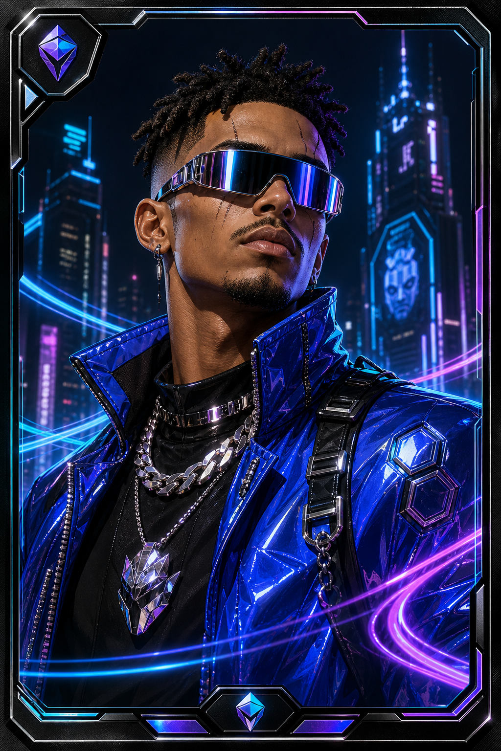 Lead collectible portrait of a cyber-fashion Dude with chrome shades and neon jacket