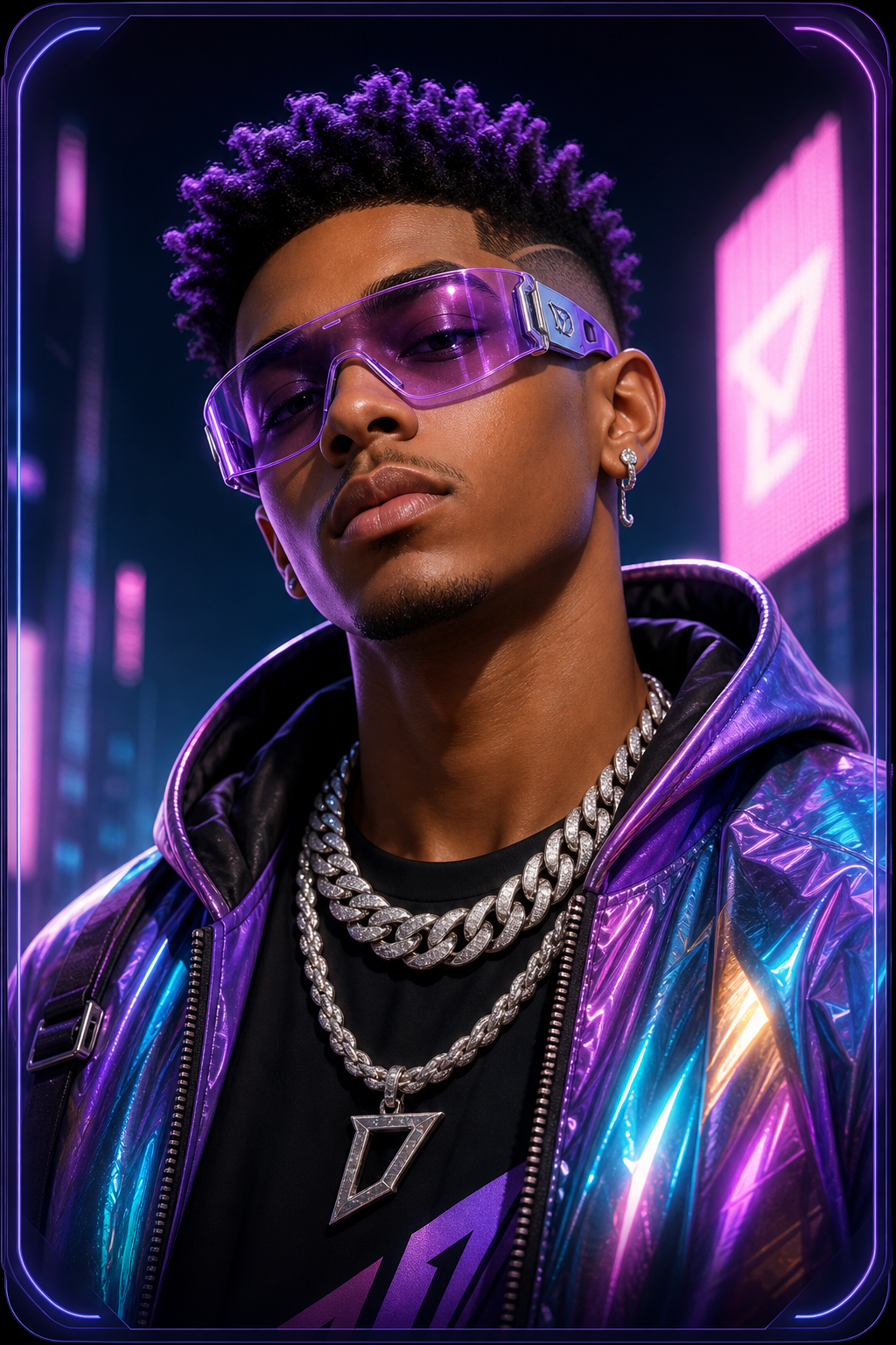 Collectible portrait of a street-luxe Dude with purple visor and layered chains