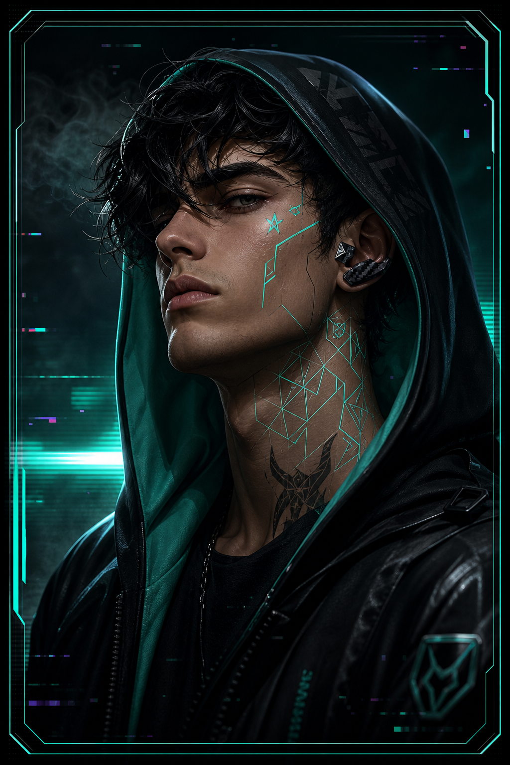 Collectible portrait of a tactical Dude with matte black hoodie and hologram tattoos