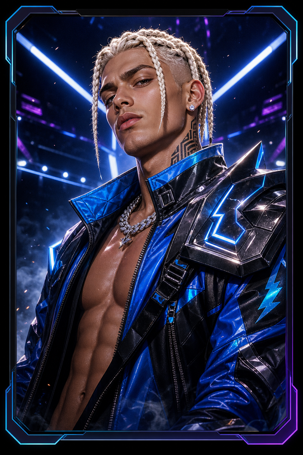 Collectible portrait of a glam-sport Dude with platinum braids and electric shoulder armor