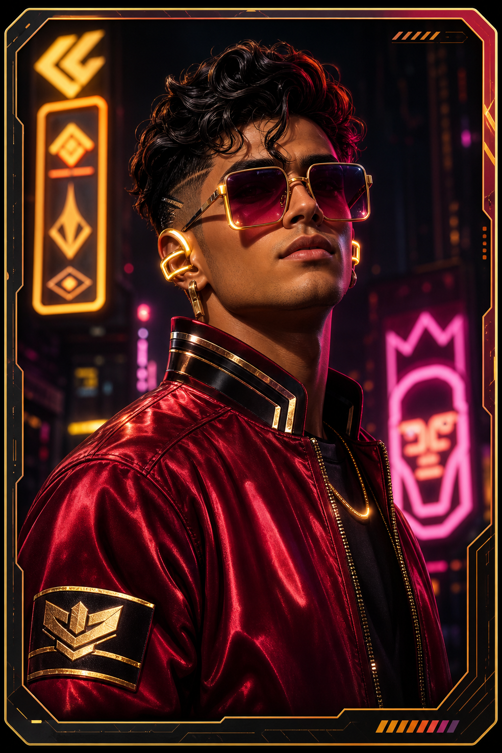 Collectible portrait of a retro-futurist Dude with red satin bomber and glowing ear cuffs
