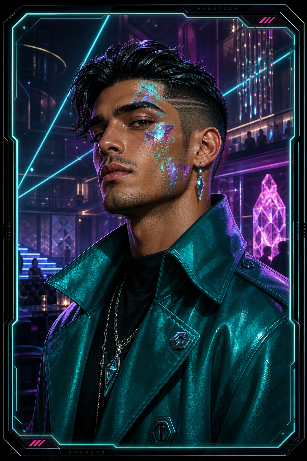 Collectible portrait of a luxe-club Dude with teal trench coat and crystalline face paint