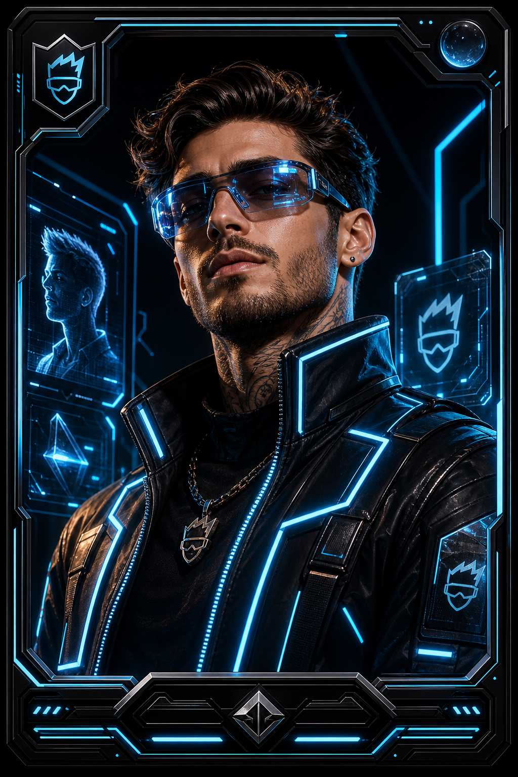 Stylish futuristic male collectible portrait with cyber jacket, sharp jawline, and neon rim light