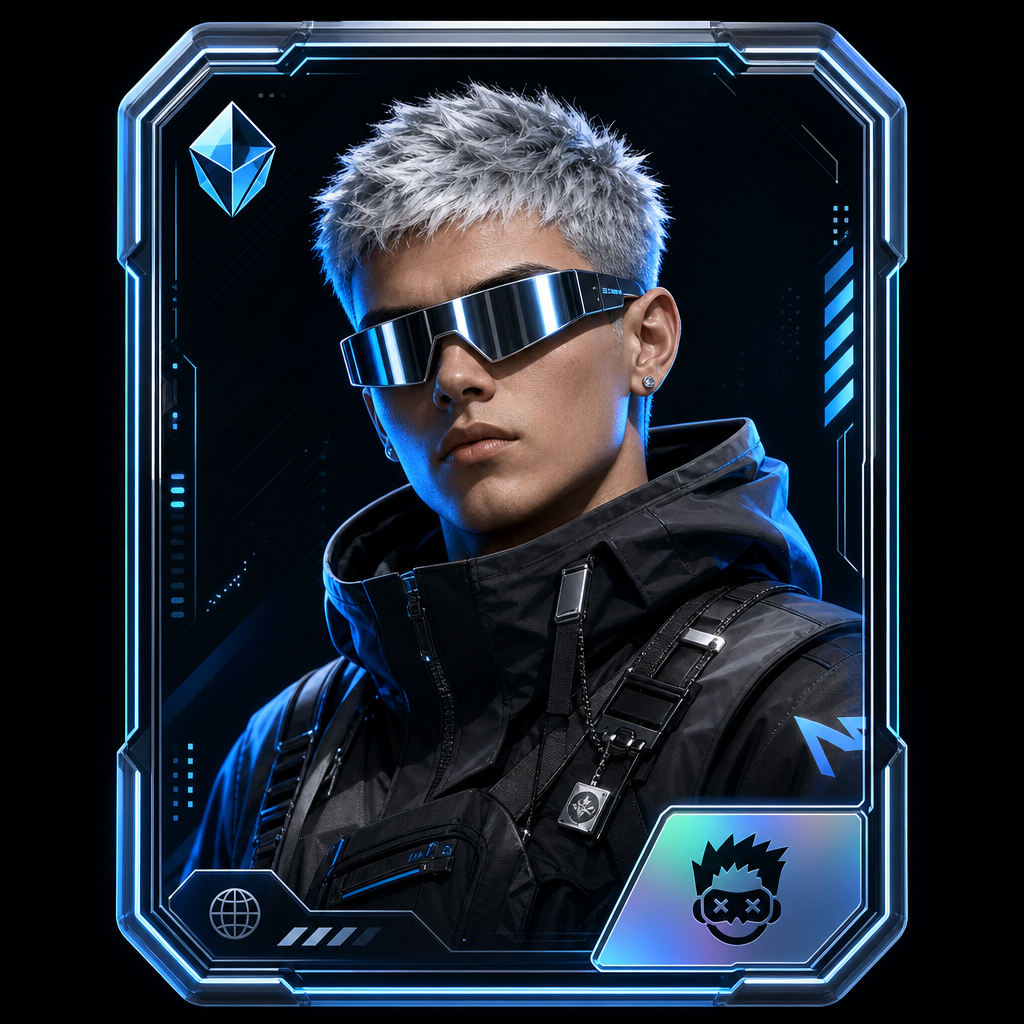 Supporting collectible mini portrait of a male character with silver hair and holographic visor