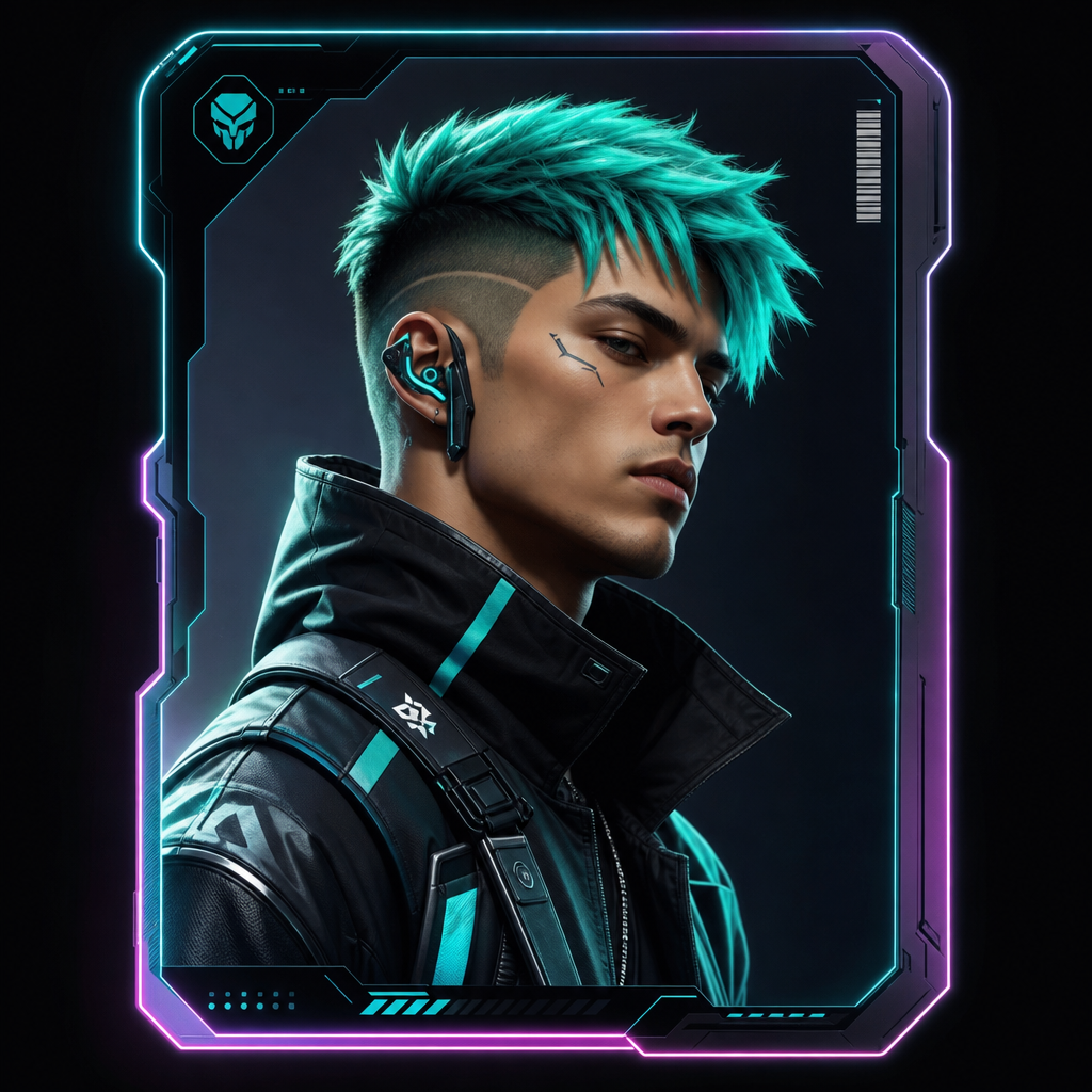 Compact profile tile of a futuristic male collectible with neon undercut and digital ear gear