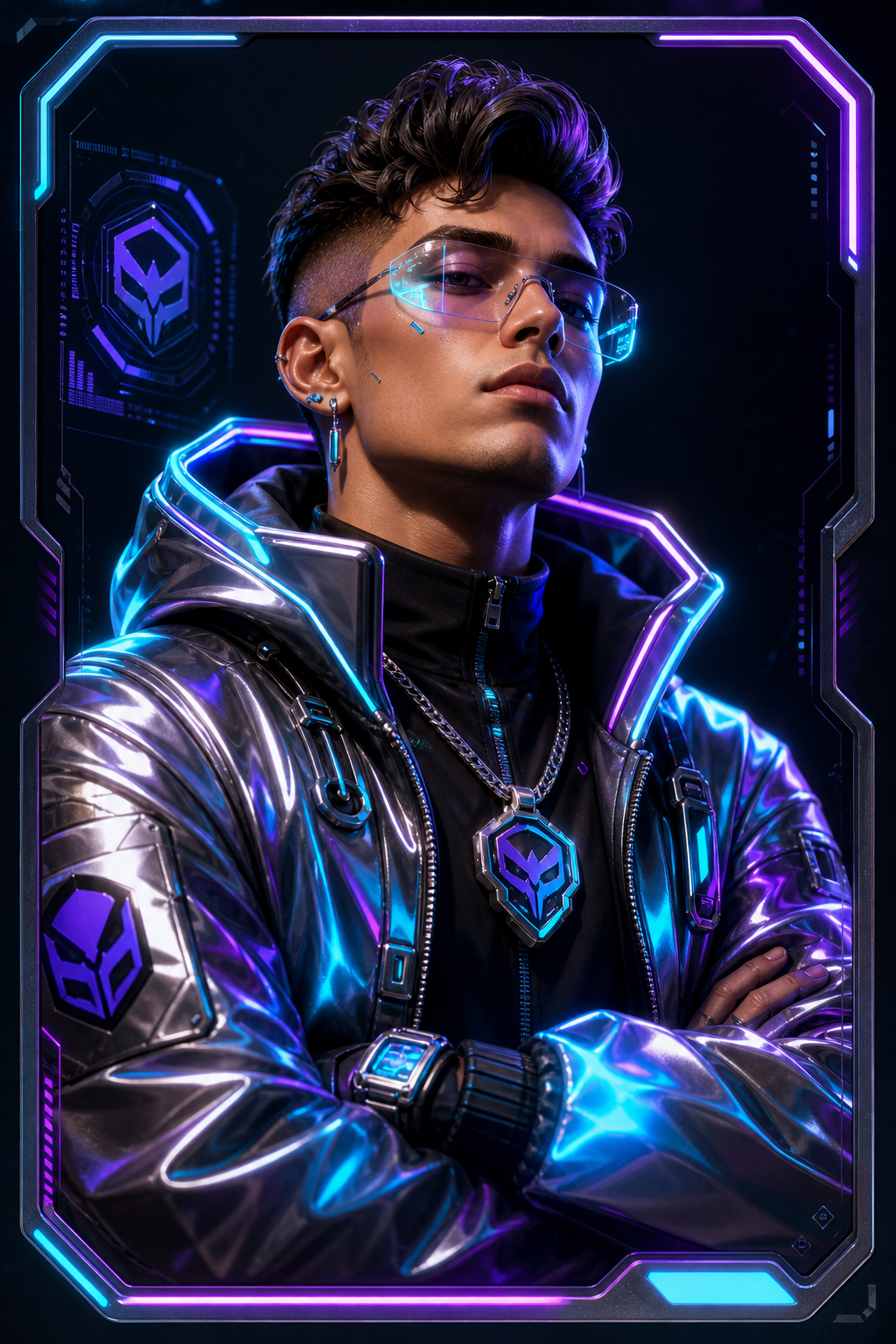 Featured Dude champion portrait with futuristic cyber-fashion styling and confident expression