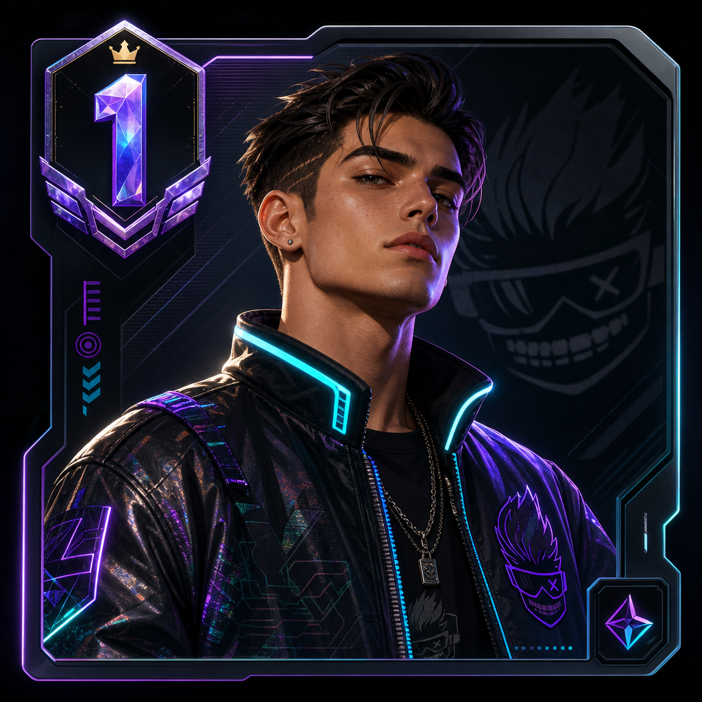 Stylized featured Dude portrait in a futuristic jacket with neon trim and confident expression