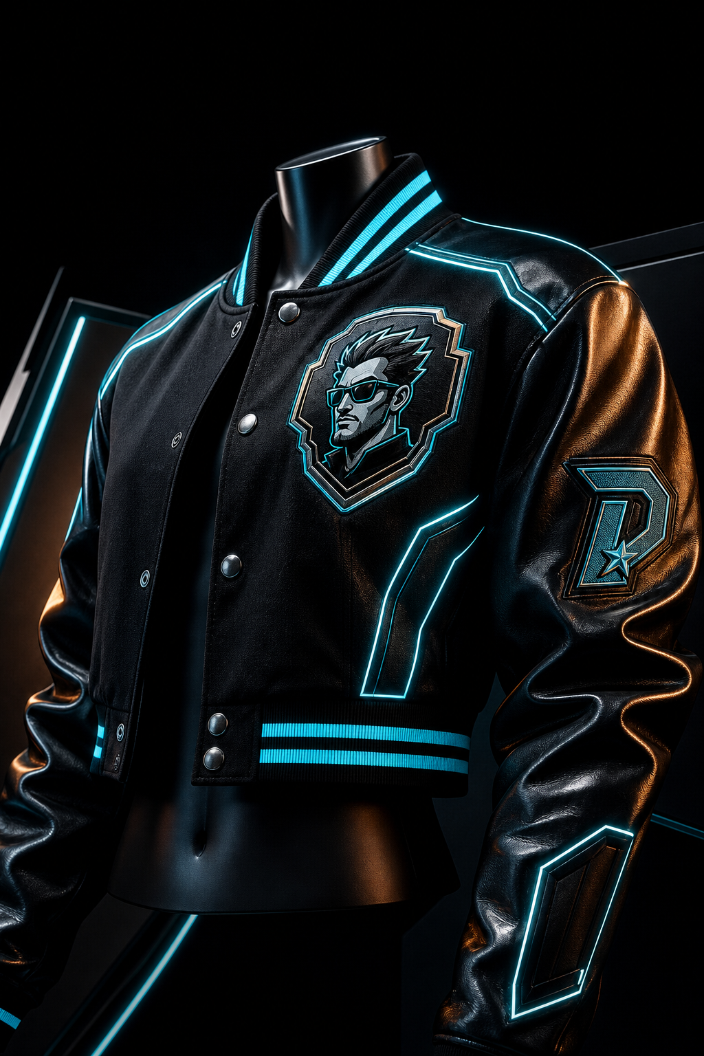 Cropped neon varsity jacket with luminous cyan stitching, metallic Dude crest patch, and glossy black fashion-forward finish