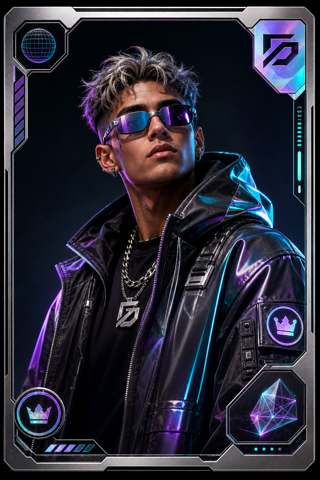 Featured Dude NFT portrait in a collectible poster frame with neon cyan-violet cyber-fashion styling