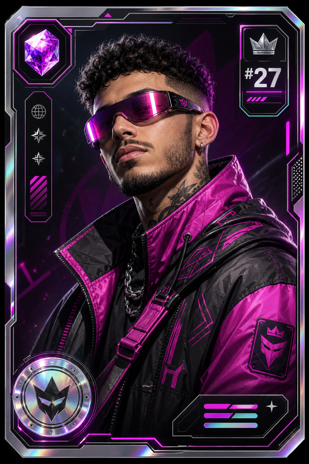 Supporting Dude NFT card portrait with bold magenta trim, street-luxe jacket, and holographic rank overlay
