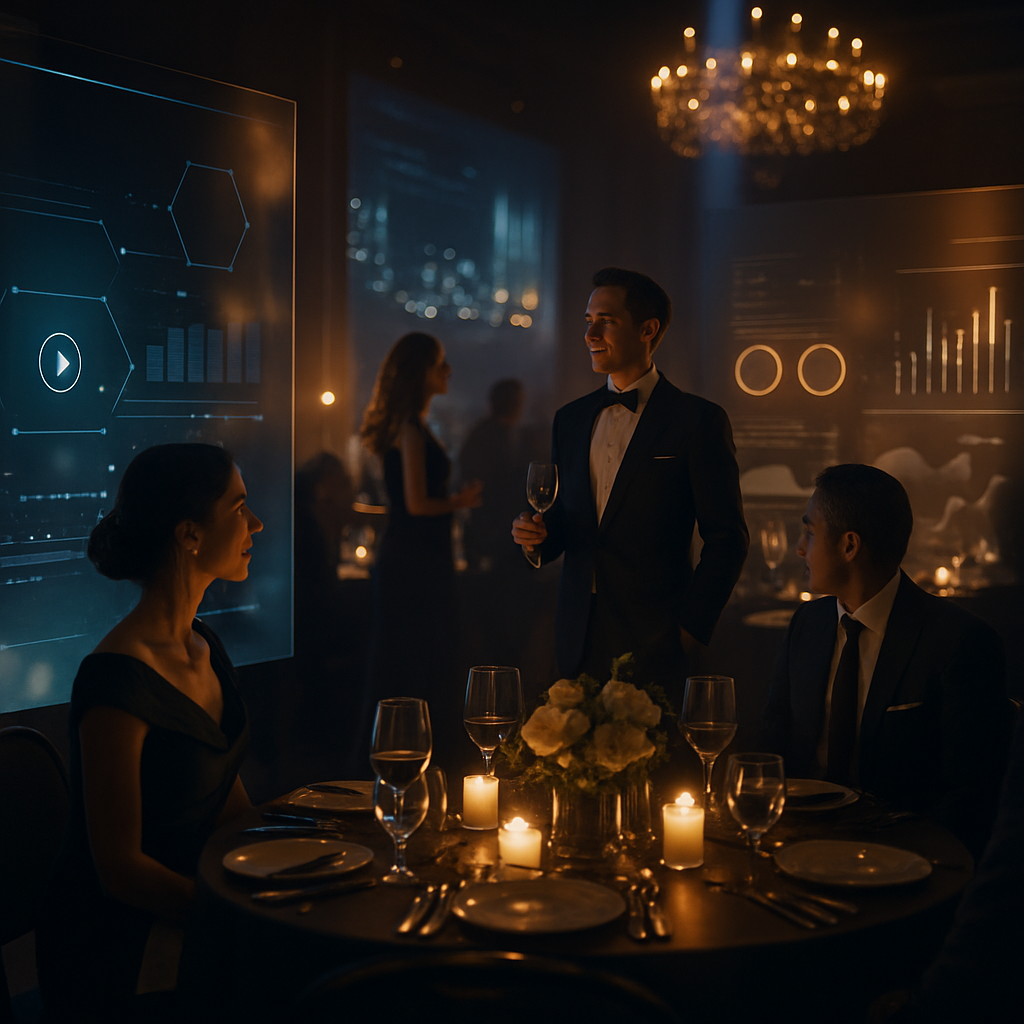 Elegant black-tie event scene with warm lighting, floral centerpiece, and refined stage ambience