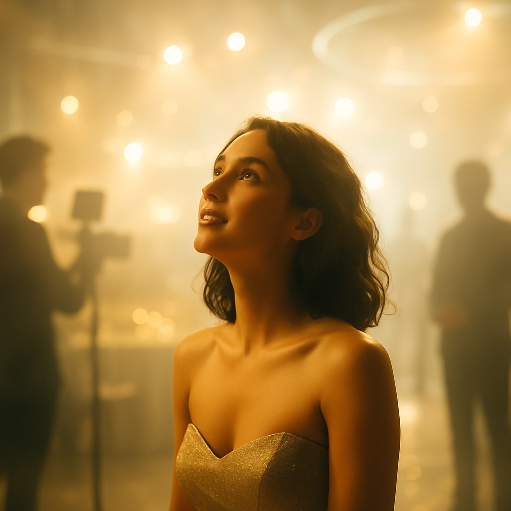 Luxury event scene with dramatic lighting, elevated stage design, and a vibrant crowd in a modern venue