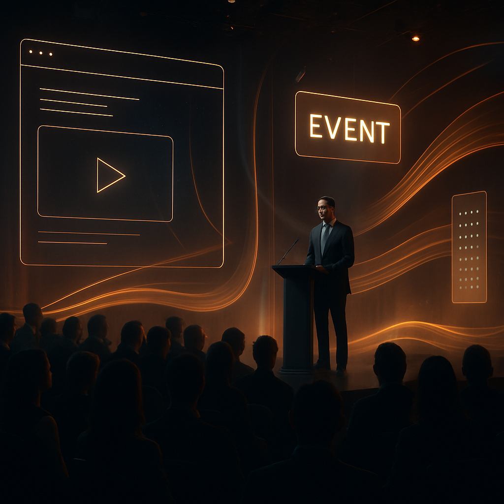 A premium gala event with a glowing stage, dynamic light beams, and elegantly dressed guests captured in a cinematic, motion-filled atmosphere