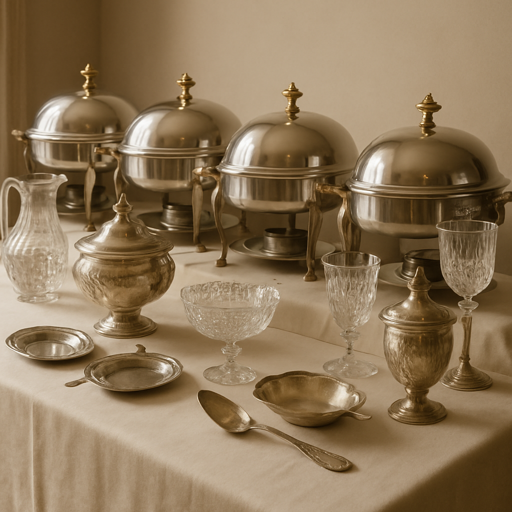 Chafing dishes and antique glassware on buffet table