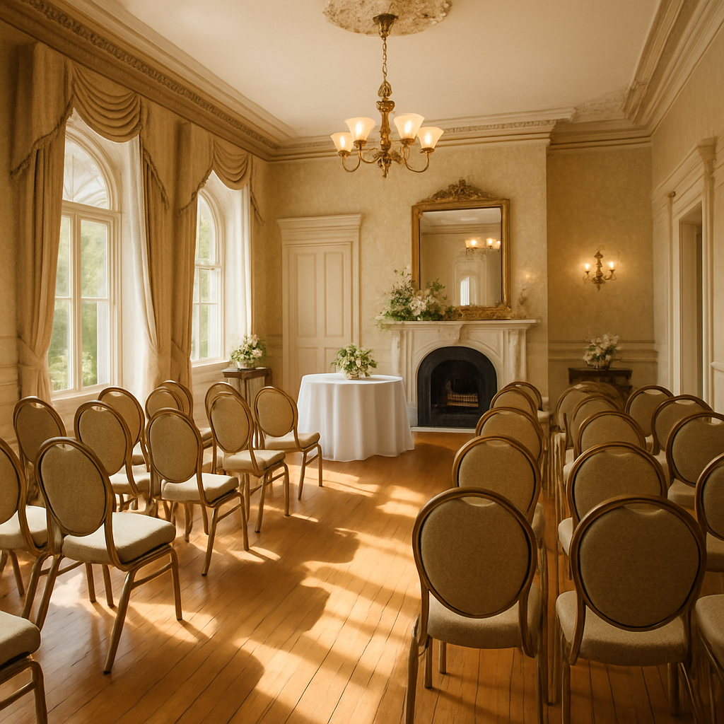 Sunlit event space with classic Victorian decor and large windows