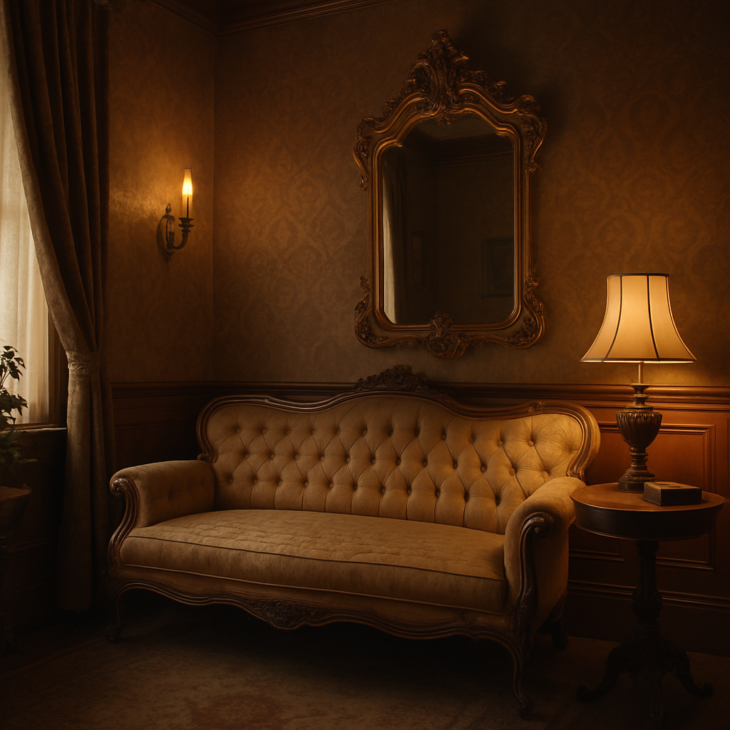 Victorian parlor with antique sofa and ornate mirror