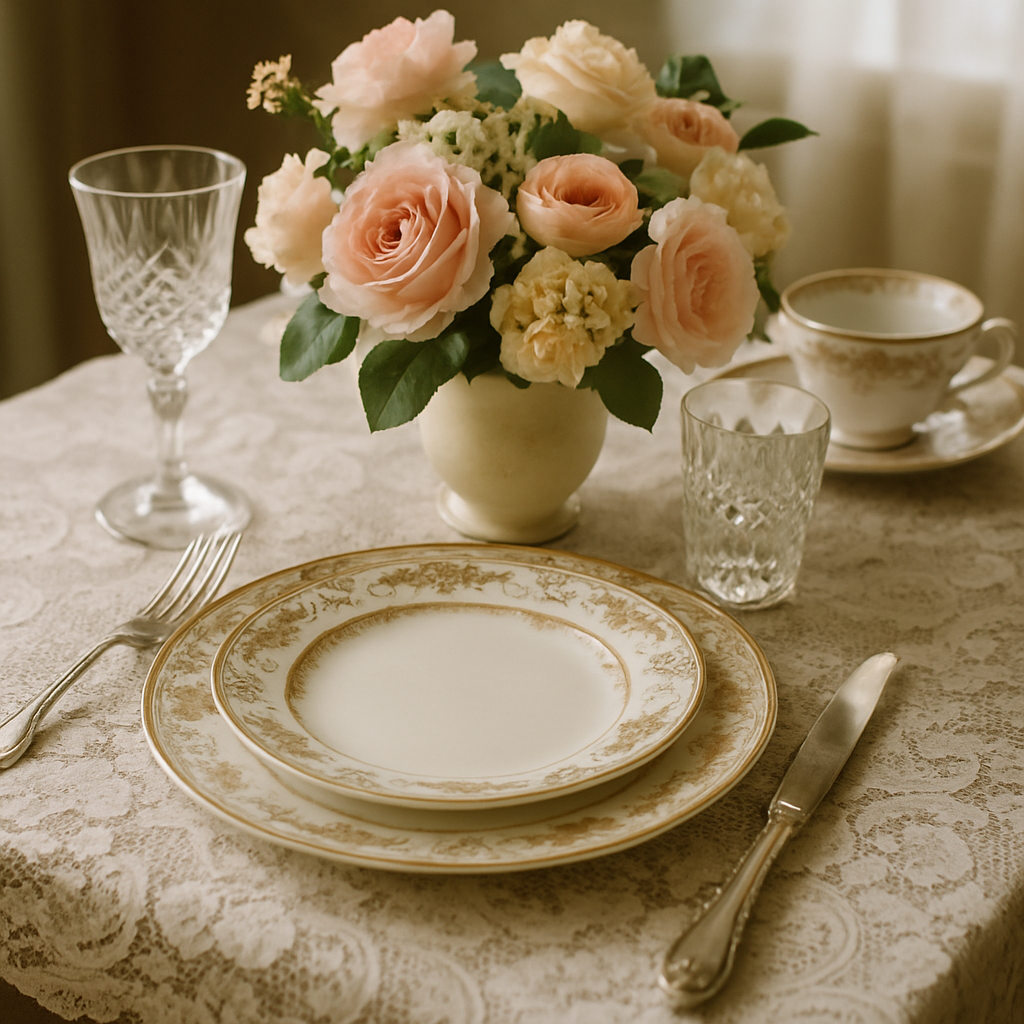 Elegant vintage table setting with antique china and floral centerpiece