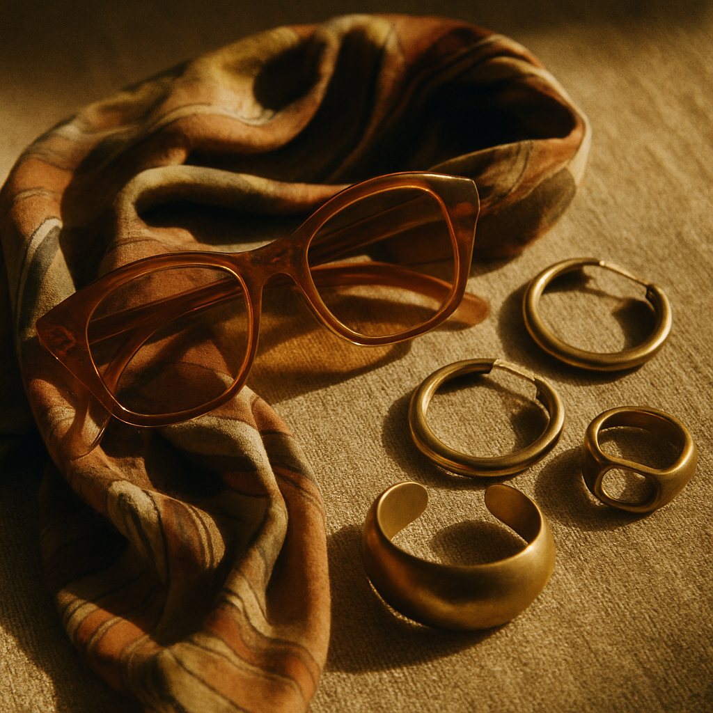close-up of vintage accessories including amber sunglasses, a patterned silk scarf, and brass jewelry on a textured fabric