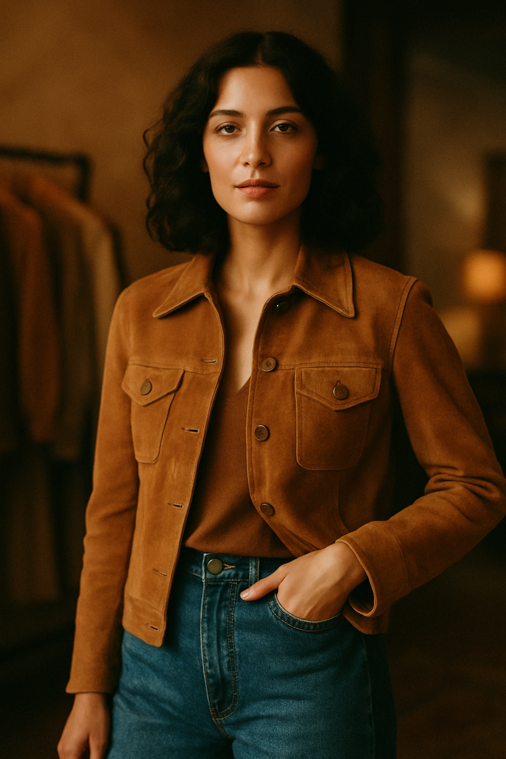 editorial portrait of a stylish woman wearing a caramel suede jacket and wide-leg denim in warm vintage lighting