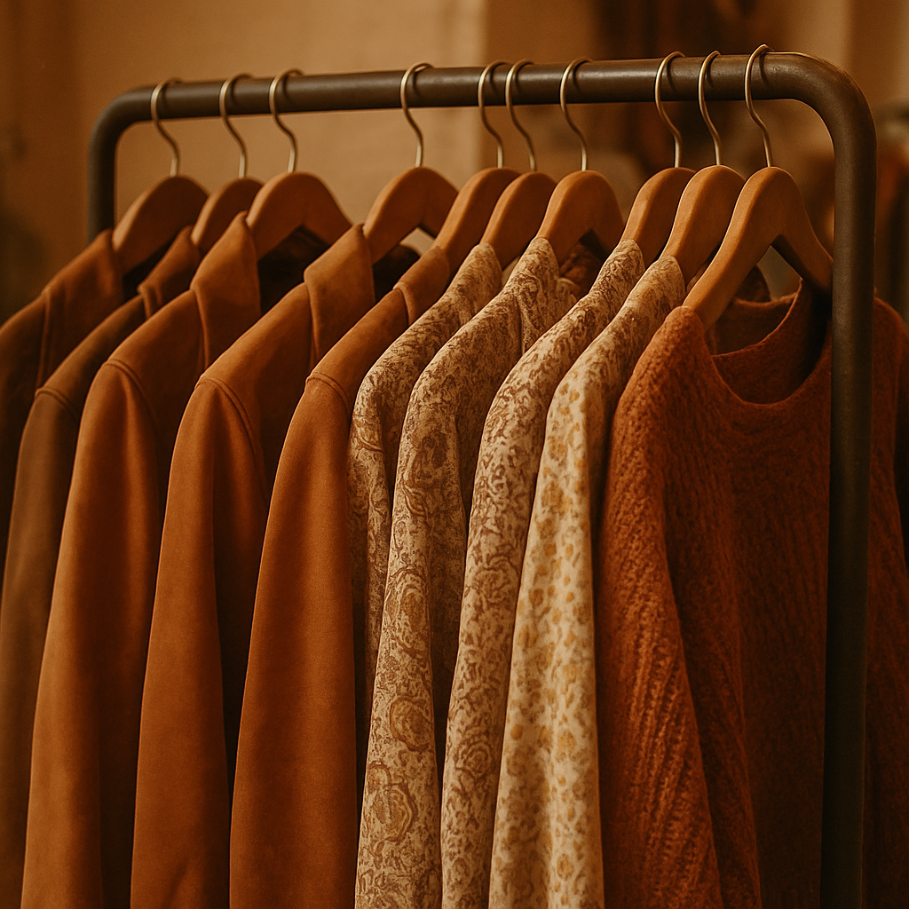 Close-up of a vintage clothing rack with suede jackets, patterned blouses, and knitwear in earthy tones