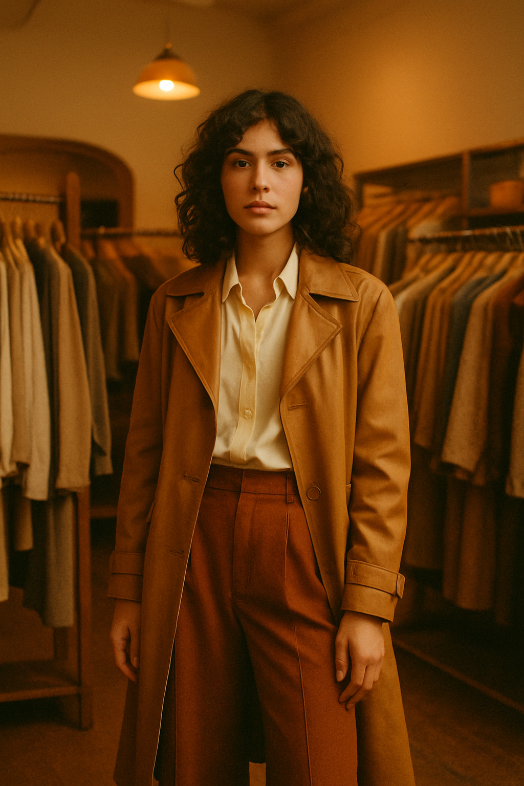 Warm film-style portrait of a person wearing a caramel trench coat and wide-leg trousers in a softly lit boutique