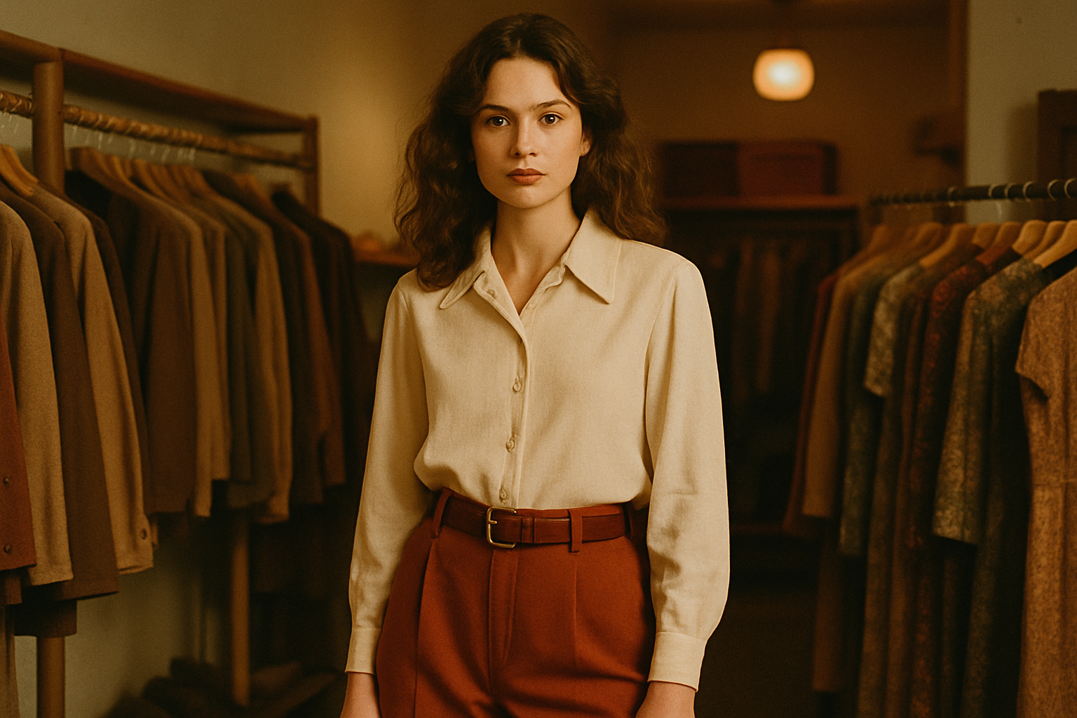 Warm editorial photograph of a vintage outfit on a model in a boutique setting